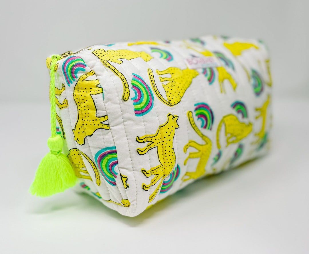 Handmade Block Print Quilted Wash Bag - Neon Rainbow Leopard - Bombaby