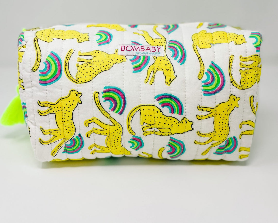 Handmade Block Print Quilted Wash Bag - Neon Rainbow Leopard - Bombaby