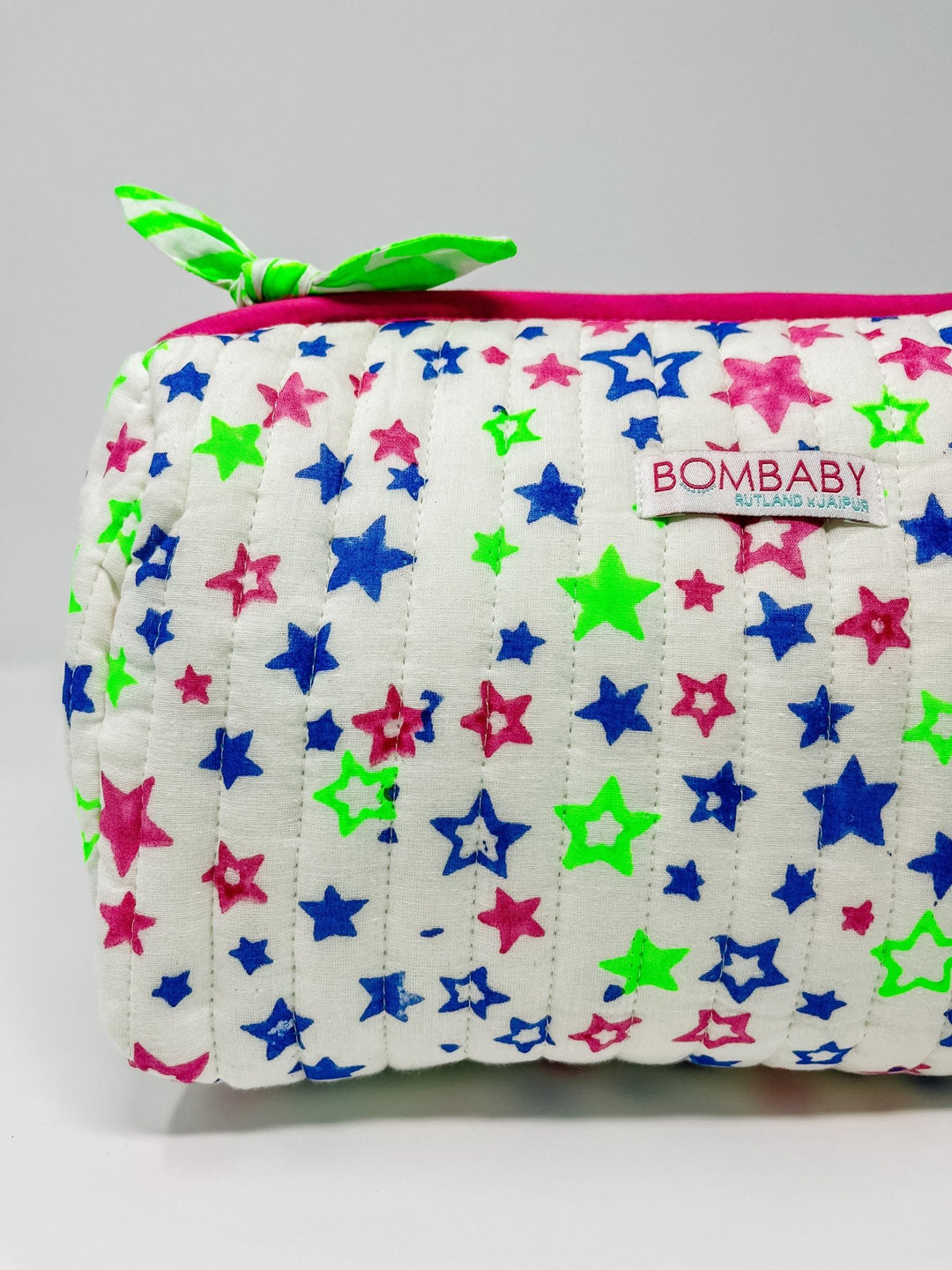 Handmade Block Print Quilted Wash Bag - Neon Stars - Bombaby