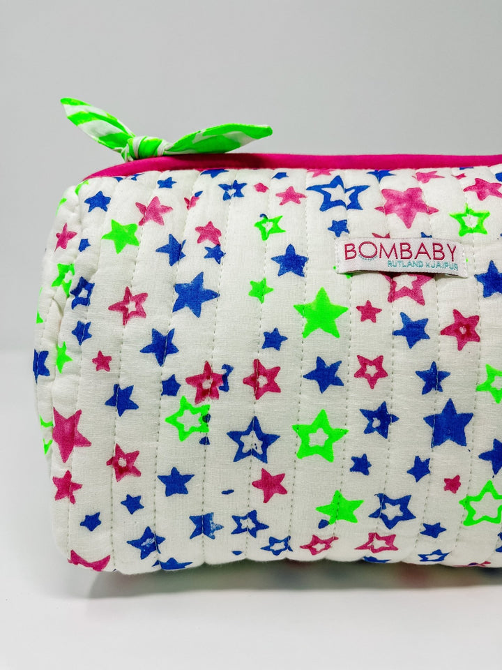 Handmade Block Print Quilted Wash Bag - Neon Stars - Bombaby