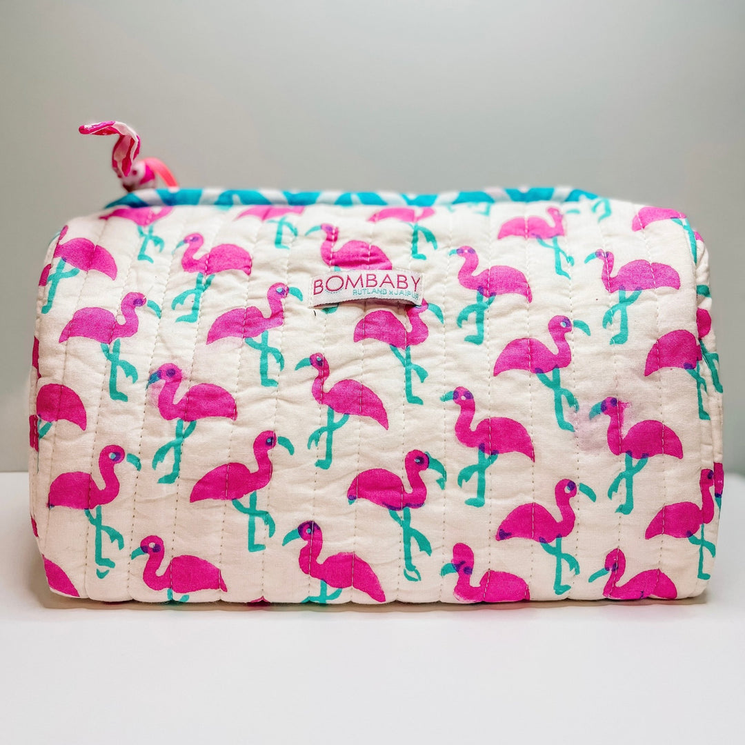 Handmade Block Print Quilted Wash Bag | Pink Flamingo - Bombaby