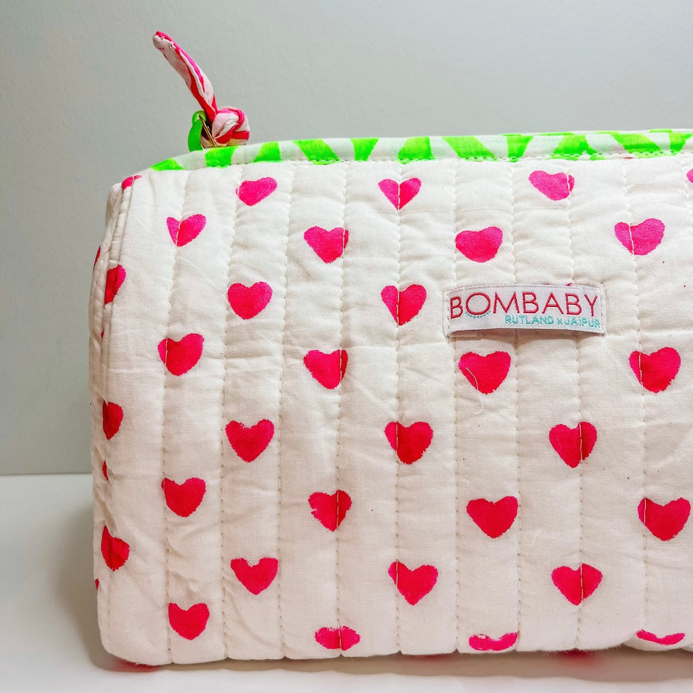 Handmade Block Print Quilted Wash Bag | Pink Hearts - Bombaby