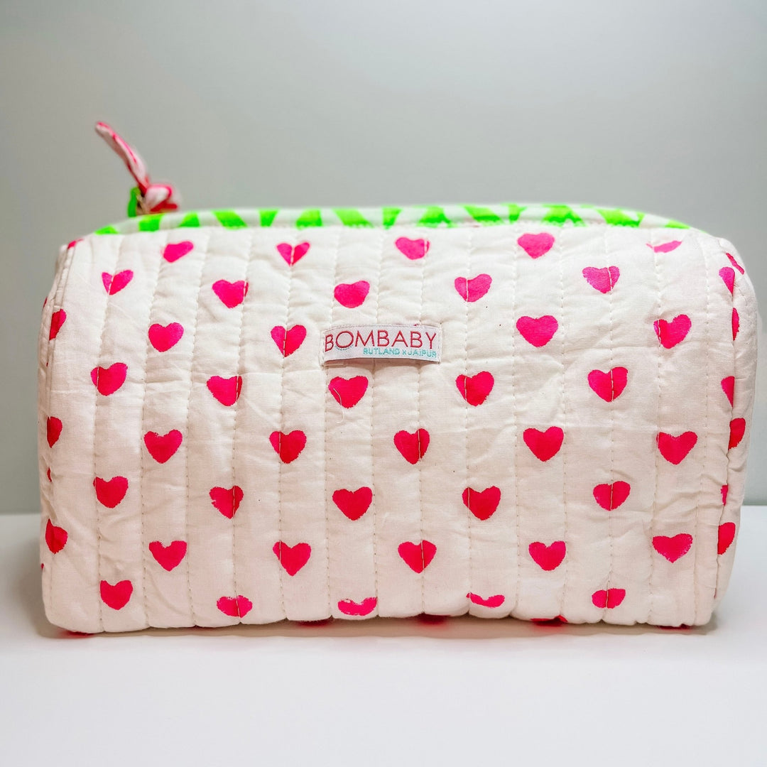 Handmade Block Print Quilted Wash Bag | Pink Hearts - Bombaby