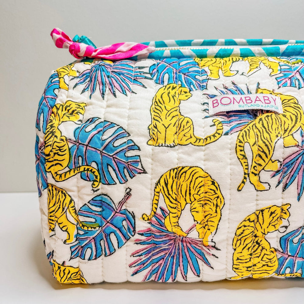 Handmade Block Print Quilted Wash Bag | Purple Tiger - Bombaby