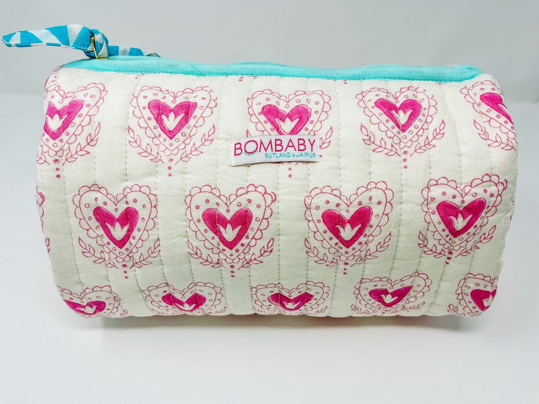 Handmade Block Print Quilted Wash Bag - Scallop Heart - Bombaby