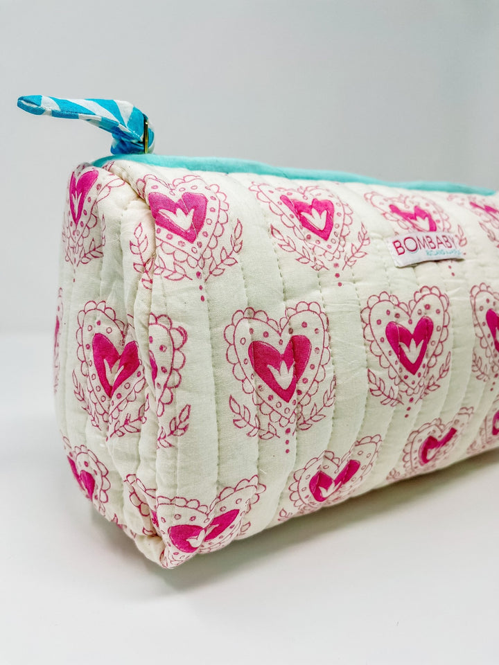 Handmade Block Print Quilted Wash Bag - Scallop Heart - Bombaby