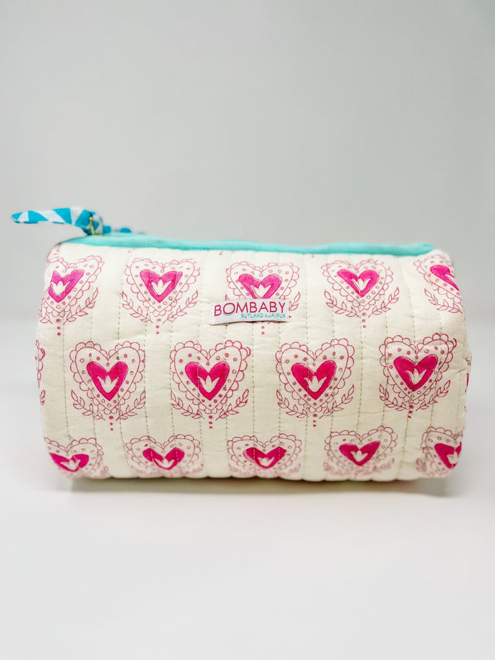 Handmade Block Print Quilted Wash Bag - Scallop Heart - Bombaby