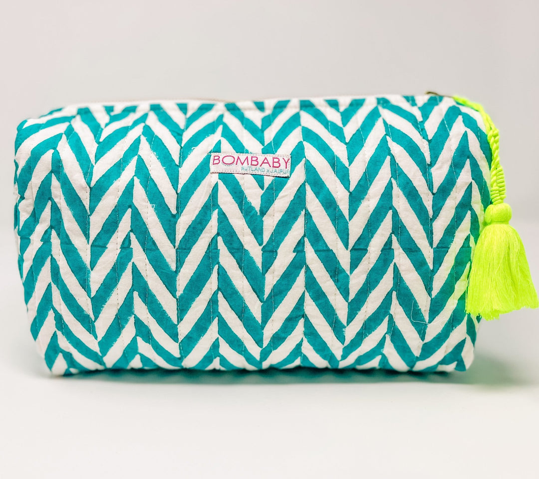 Handmade Block Print Quilted Wash Bag - Turquoise - Bombaby