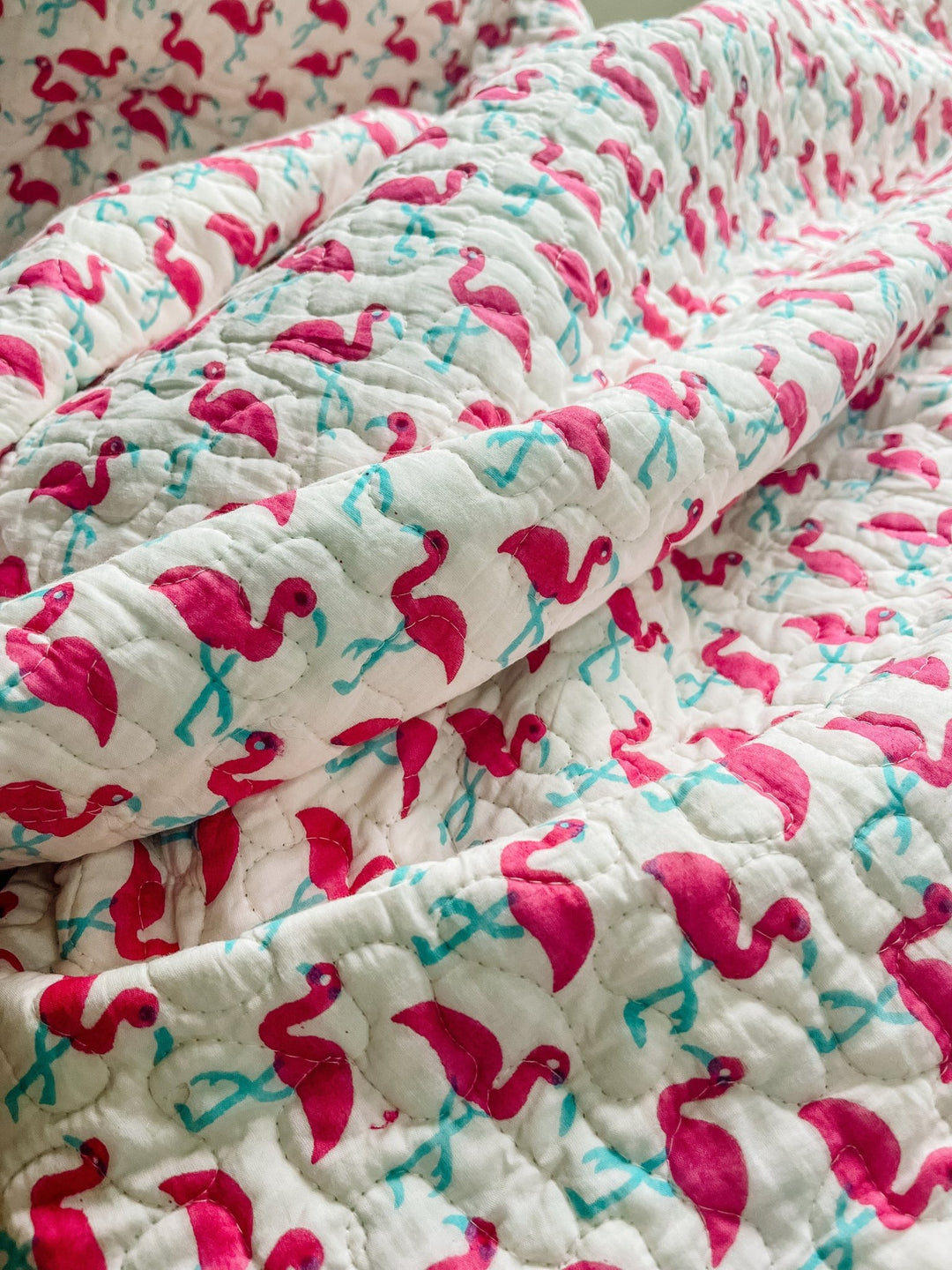 Handmade Block Print Scallop Bedspread | Flamingo - Bombaby