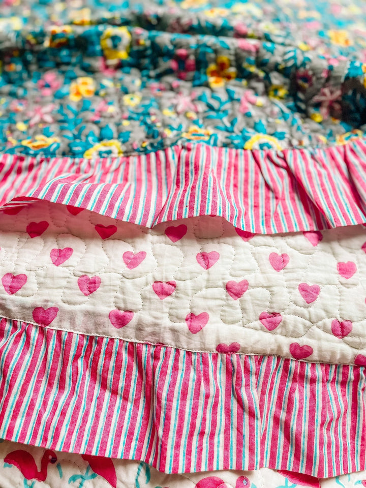 Handmade Block Print Scallop Bedspread | Lata Floral - Bombaby