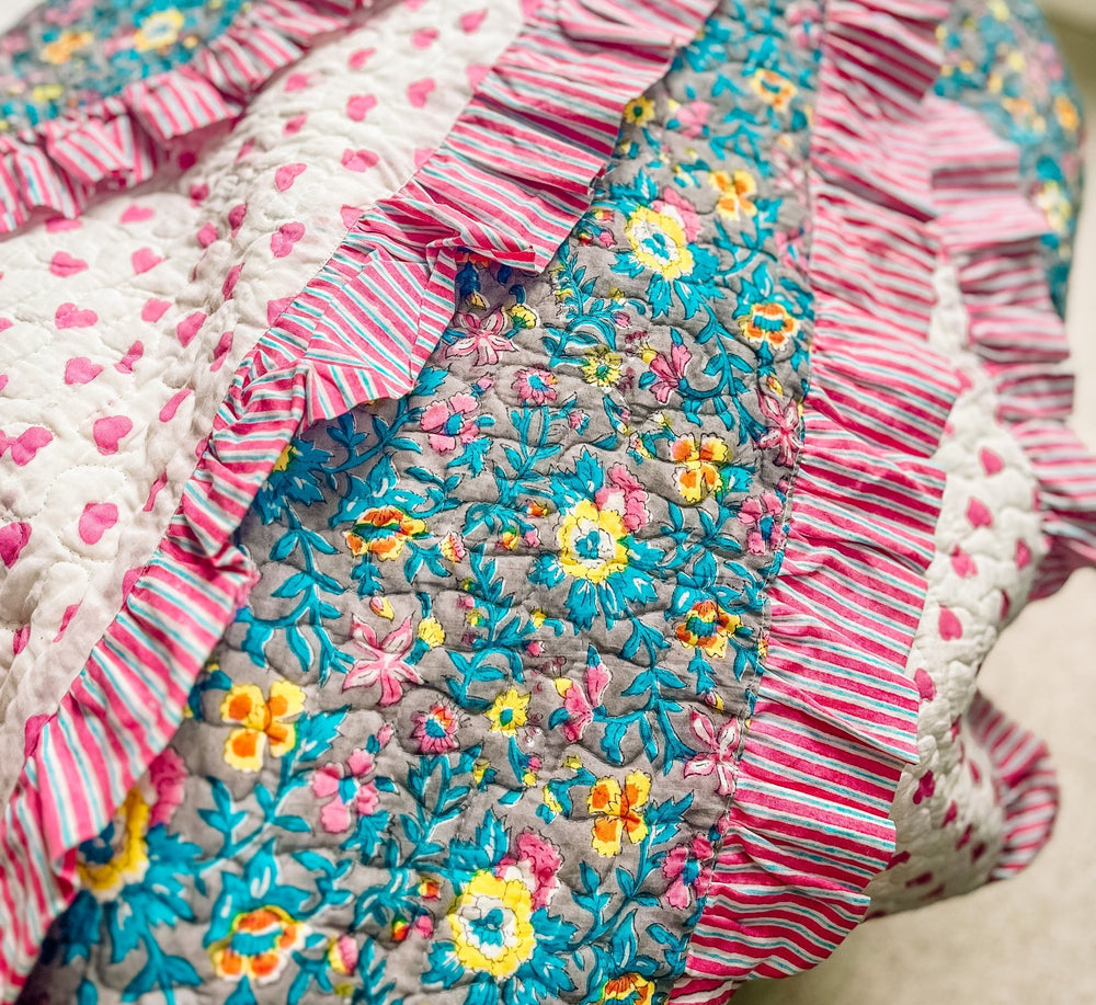 Handmade Block Print Scallop Bedspread | Lata Floral - Bombaby