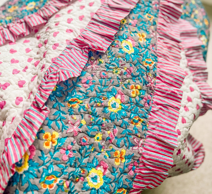 Handmade Block Print Scallop Bedspread | Lata Floral - Bombaby