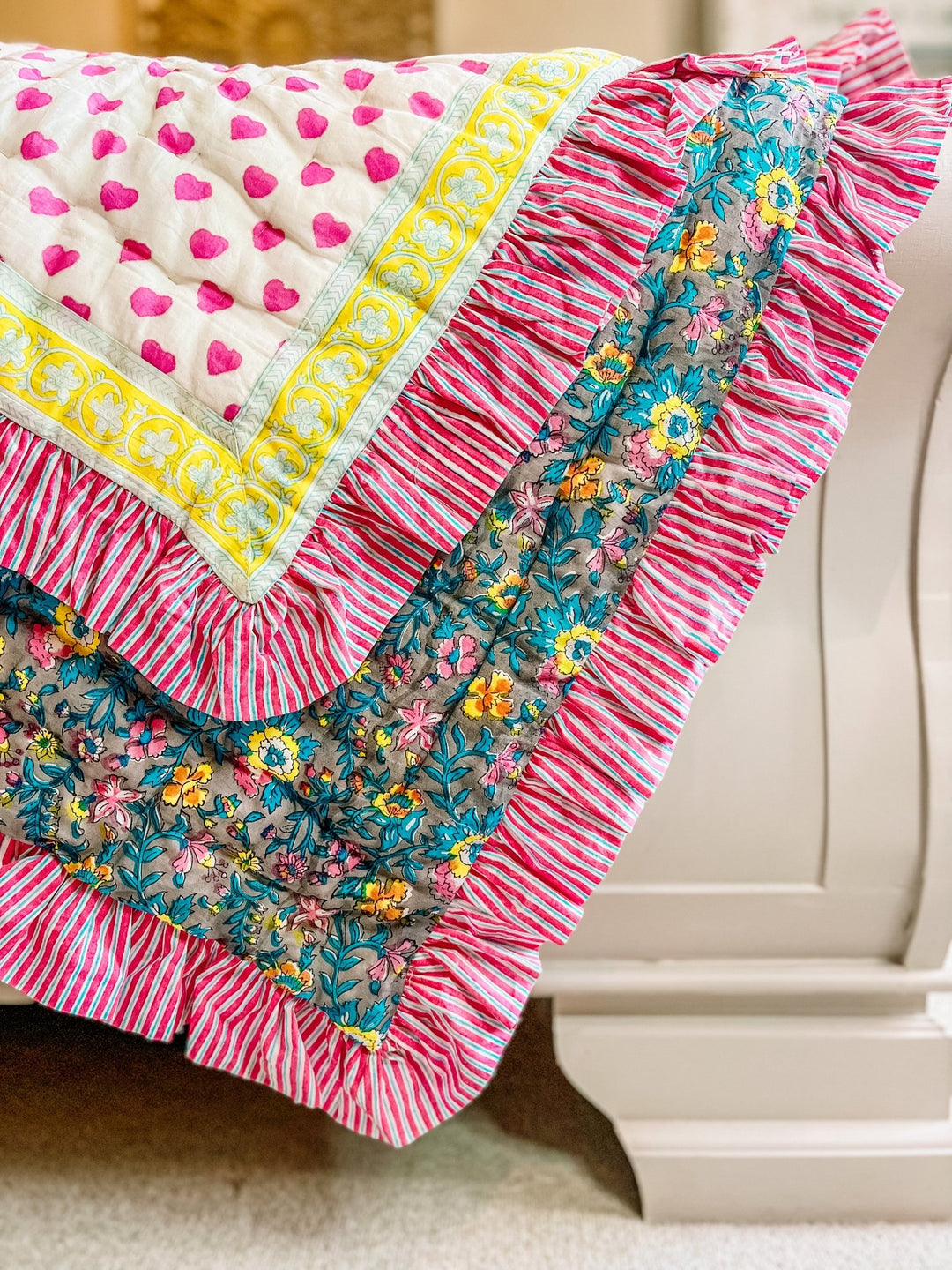 Handmade Pink Ruffle Block Print Mini Quilt - Lata Floral - Bombaby