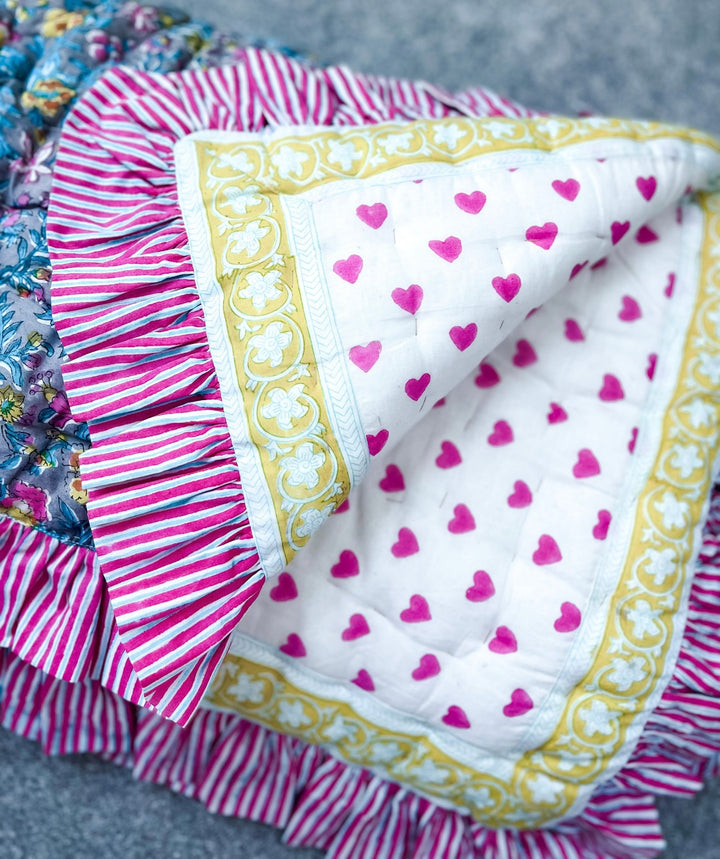 Handmade Pink Ruffle Block Print Mini Quilt - Lata Floral - Bombaby