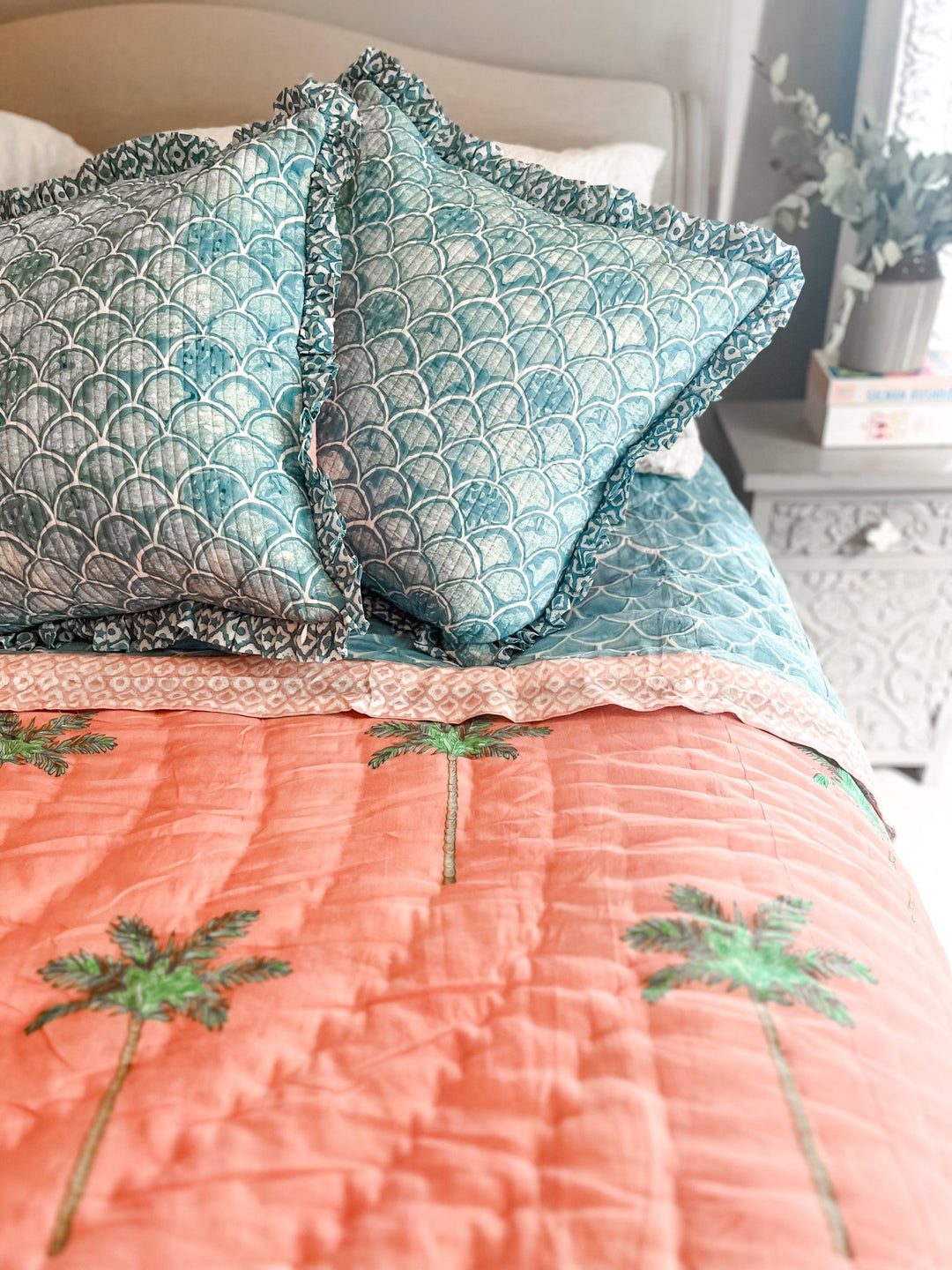 Handmade Quilted Heirloom Cushion | Pink Palms - Bombaby