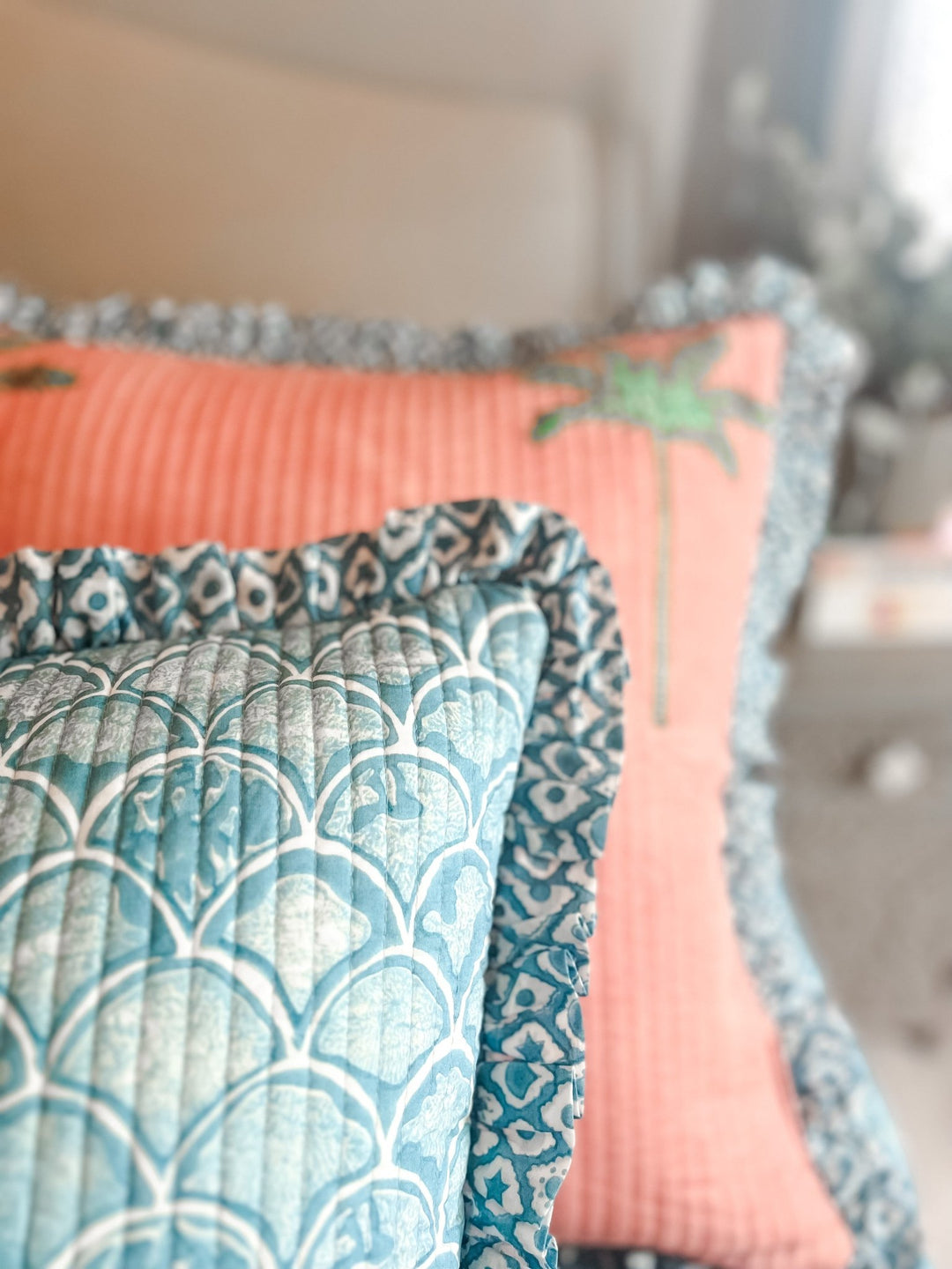 Handmade Quilted Heirloom Cushion | Pink Palms - Bombaby