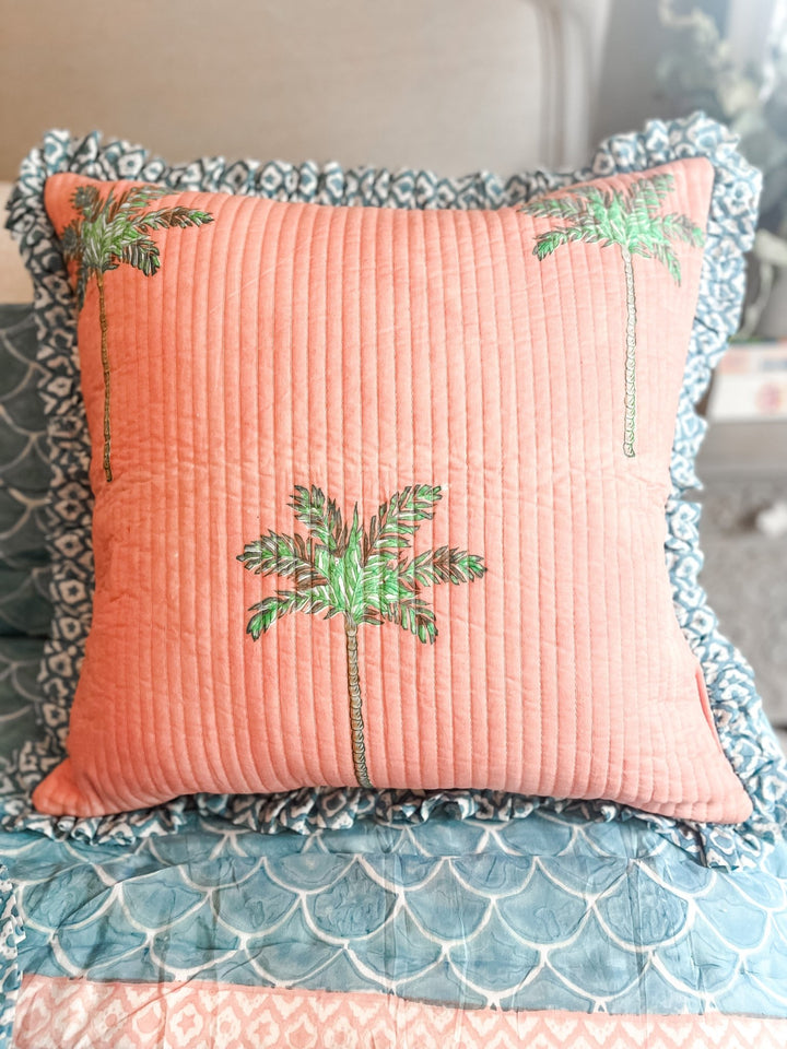 Handmade Quilted Heirloom Cushion | Pink Palms - Bombaby