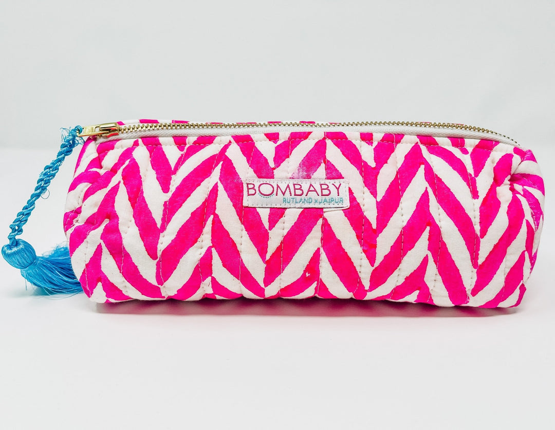 Handmade Quilted Pencil Case - Neon Pink Chevron - Bombaby
