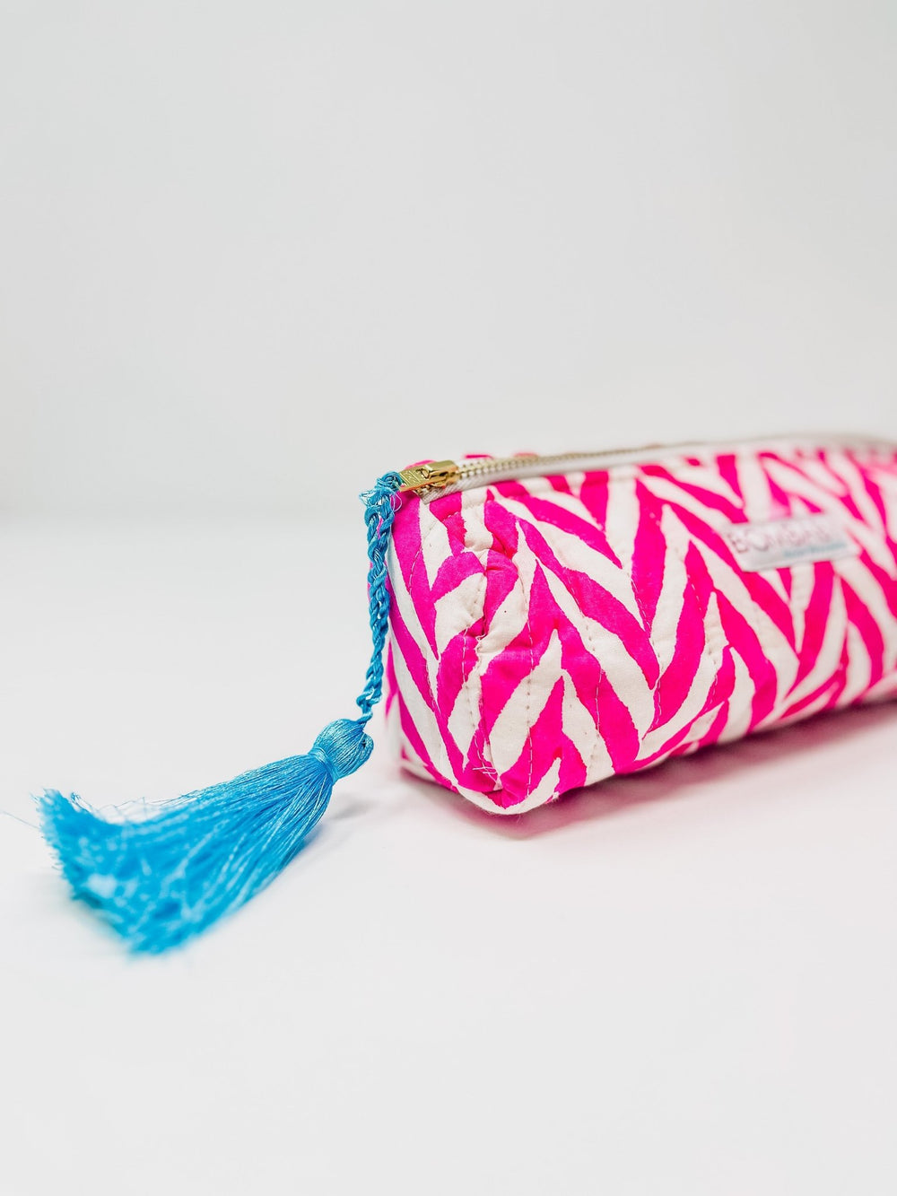 Handmade Quilted Pencil Case - Neon Pink Chevron - Bombaby