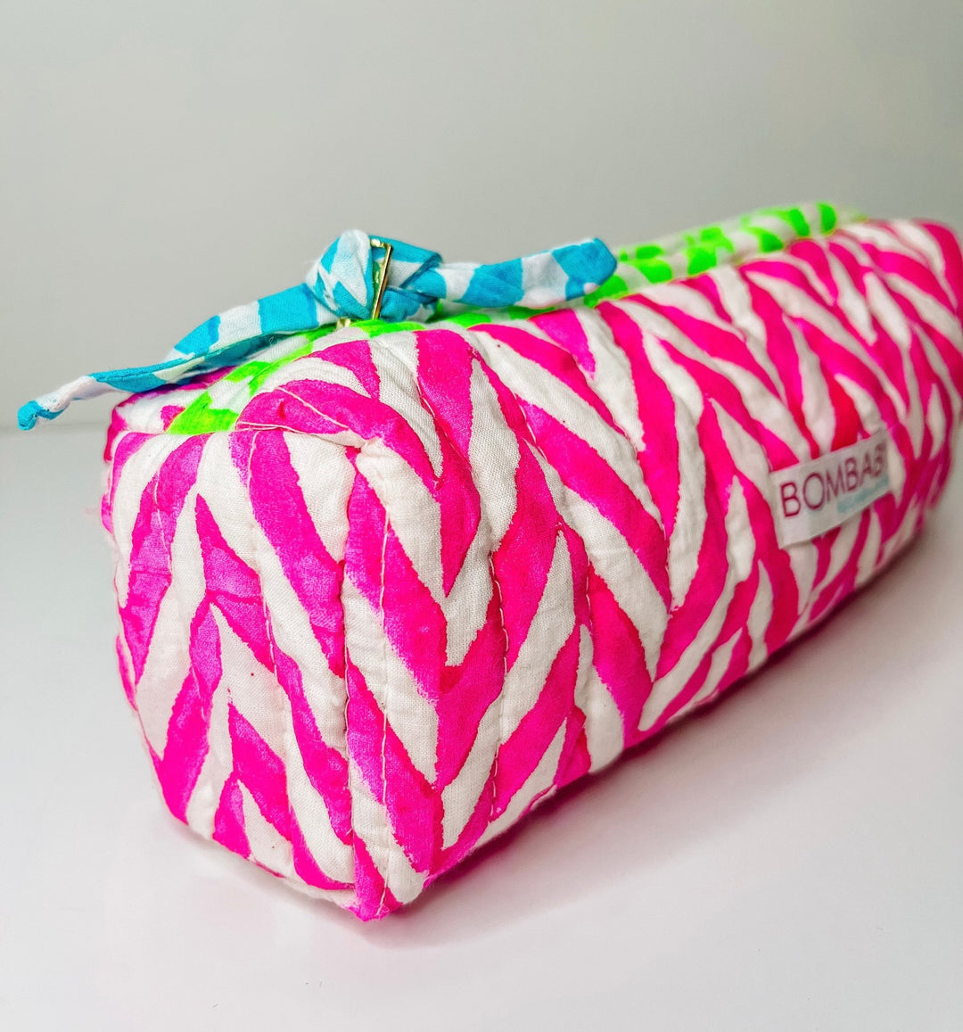 Handmade Quilted Pencil Case | Neon Pink Chevron - Bombaby