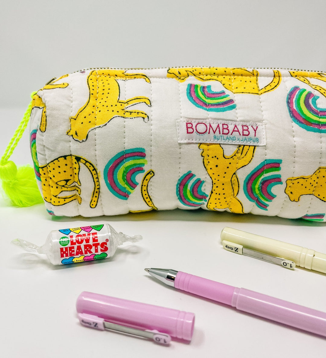 Handmade Quilted Pencil Case - Neon Rainbow Leopard - Bombaby