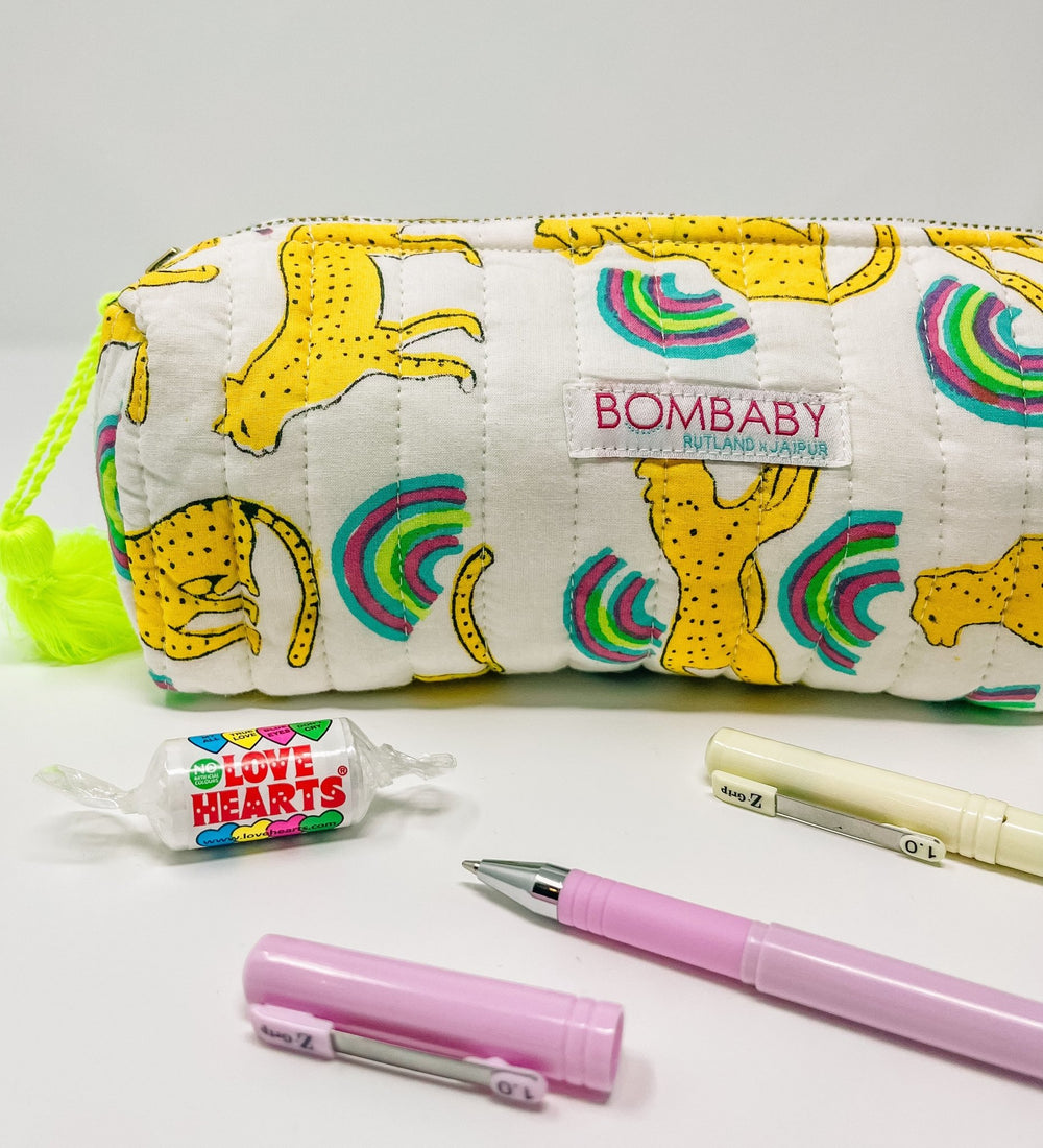 Handmade Quilted Pencil Case - Neon Rainbow Leopard - Bombaby
