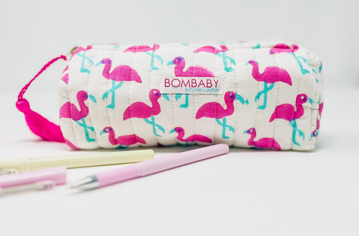 Handmade Quilted Pencil Case - Pink Flamingo - Bombaby