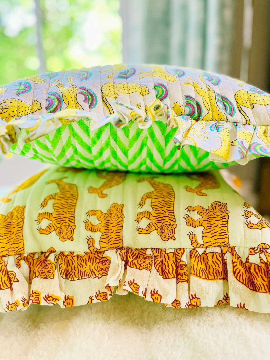 Handmade Quilted Ruffle Cushion | Indian Tiger - Bombaby