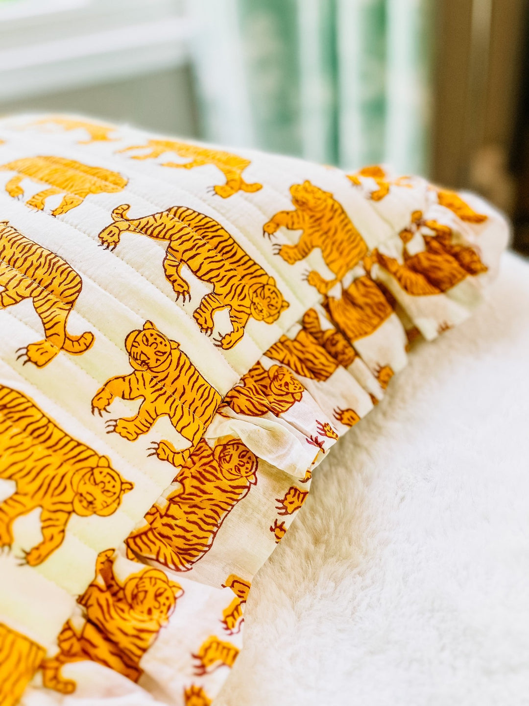 Handmade Quilted Ruffle Cushion | Indian Tiger - Bombaby