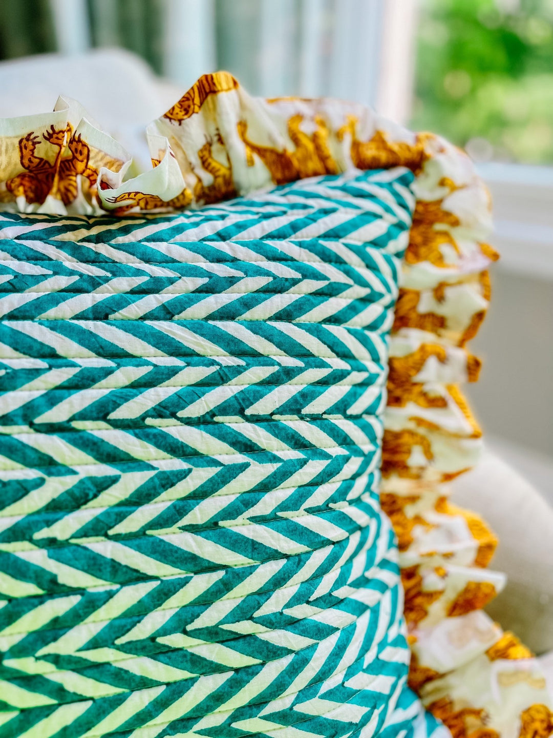 Handmade Quilted Ruffle Cushion | Indian Tiger - Bombaby