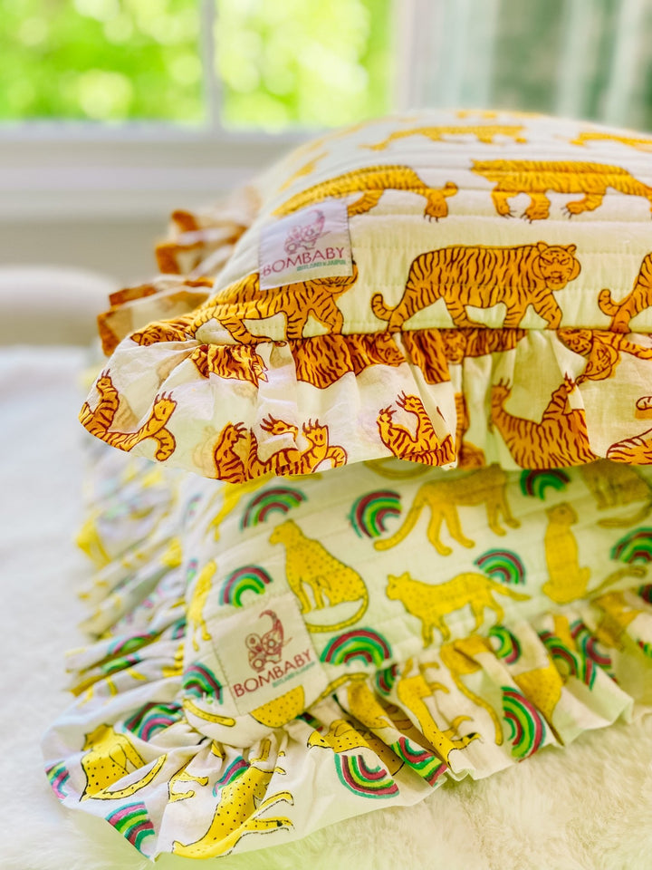 Handmade Quilted Ruffle Cushion | Indian Tiger - Bombaby