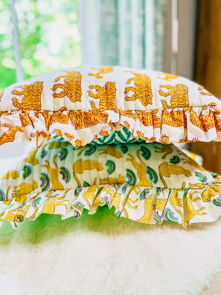 Handmade Quilted Ruffle Cushion | Indian Tiger - Bombaby