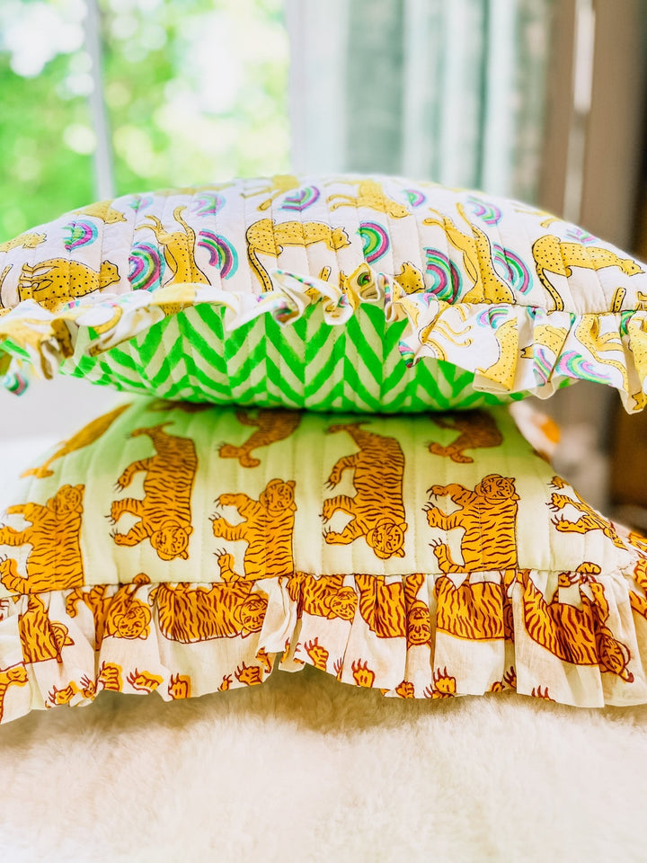 Handmade Quilted Ruffle Cushion | Indian Tiger - Bombaby