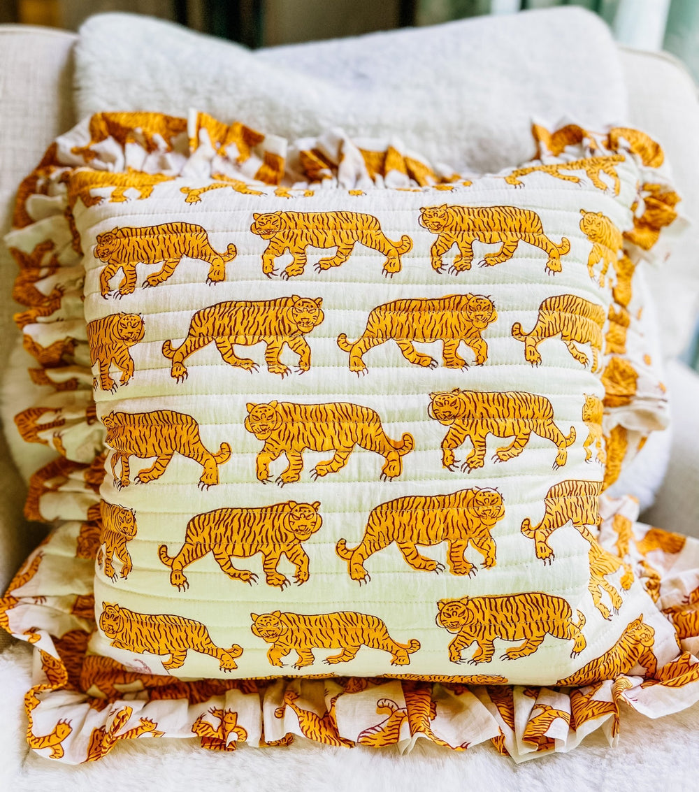 Handmade Quilted Ruffle Cushion | Indian Tiger - Bombaby