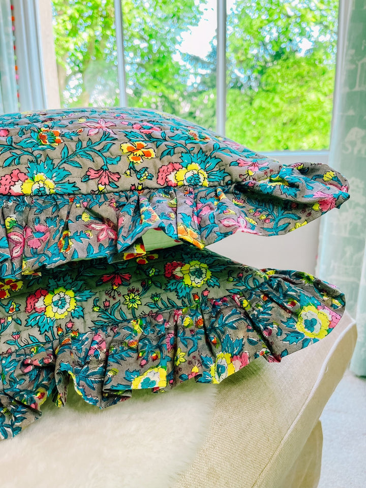 Handmade Quilted Ruffle Cushion | Lata Floral - Bombaby