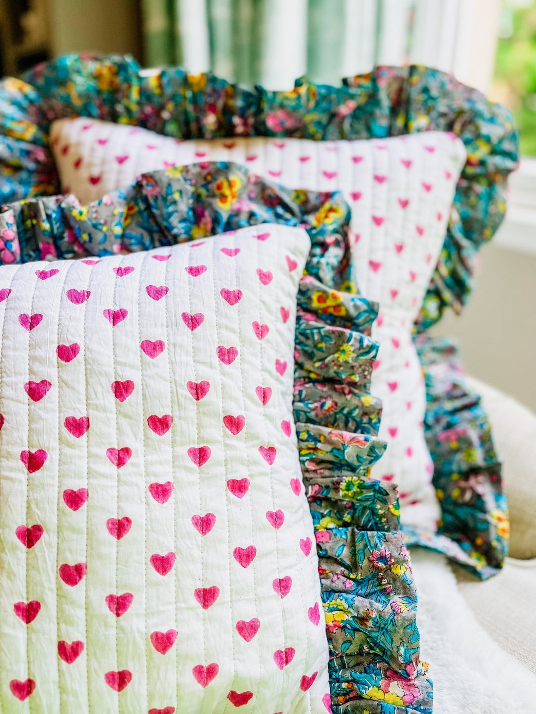 Handmade Quilted Ruffle Cushion | Lata Floral - Bombaby