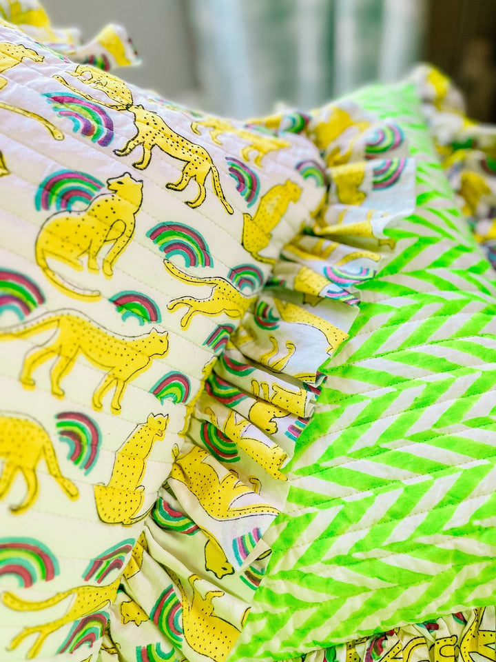 Handmade Quilted Ruffle Cushion | Neon Rainbow Leopard - Bombaby