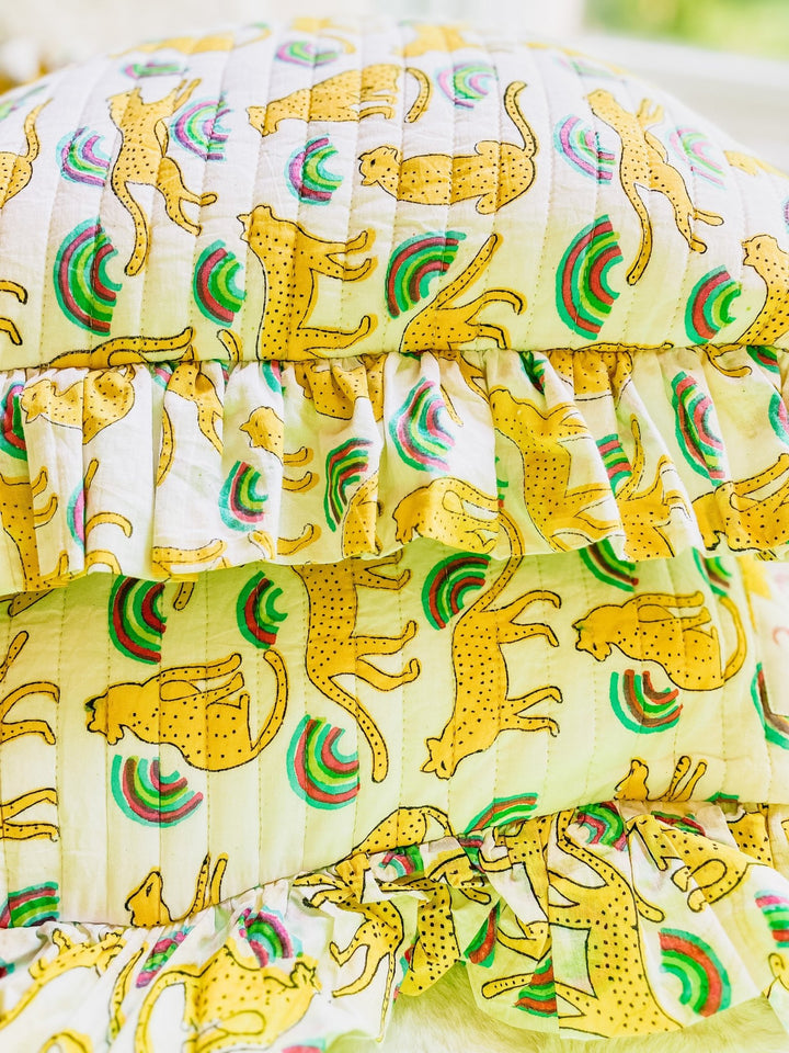 Handmade Quilted Ruffle Cushion | Neon Rainbow Leopard - Bombaby