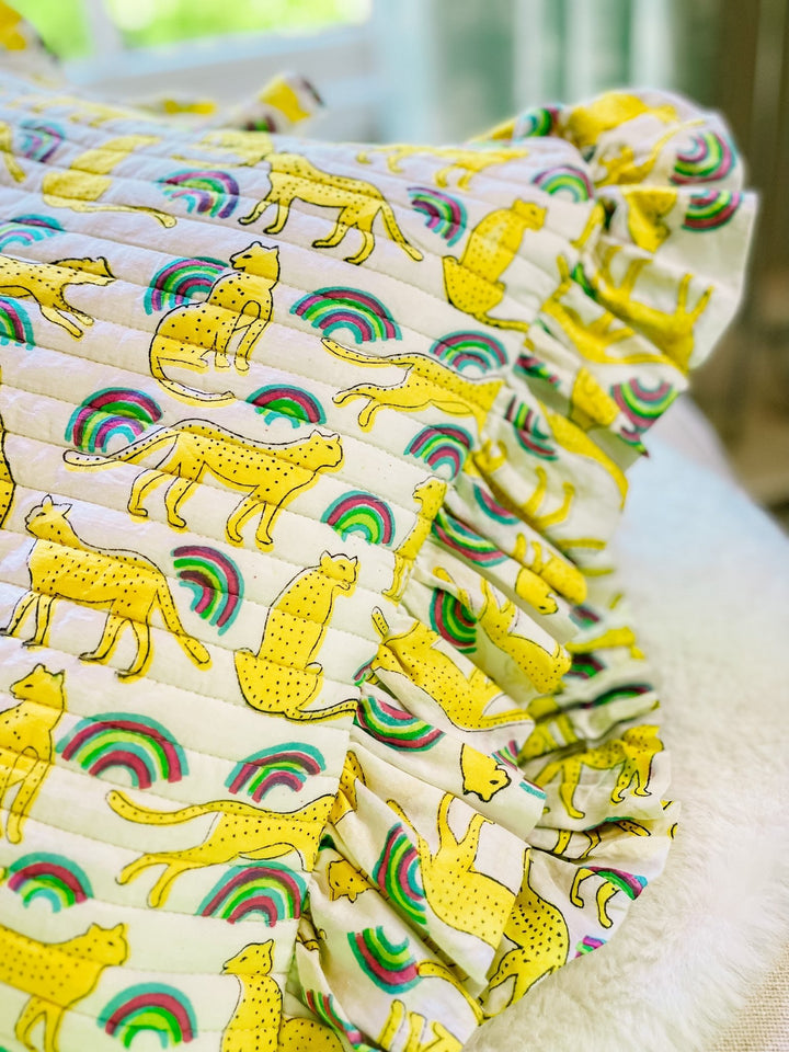 Handmade Quilted Ruffle Cushion | Neon Rainbow Leopard - Bombaby