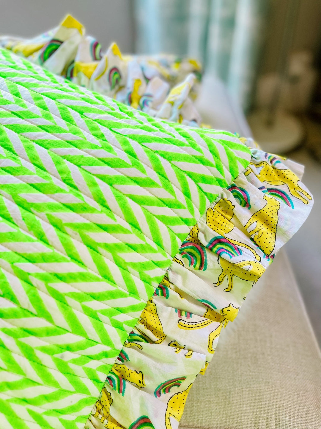 Handmade Quilted Ruffle Cushion | Neon Rainbow Leopard - Bombaby