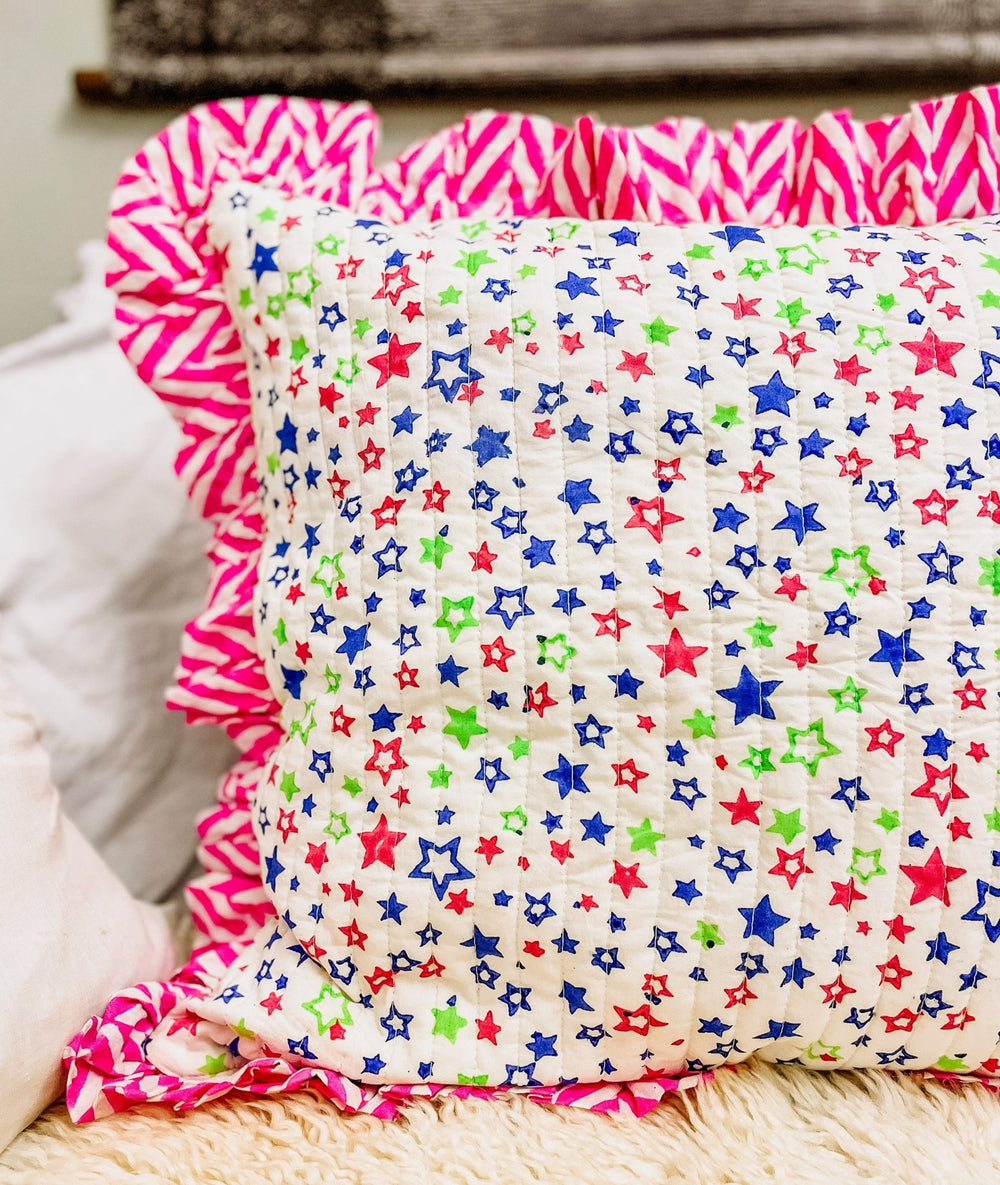 Handmade Quilted Ruffle Cushion | Neon Stars - Bombaby