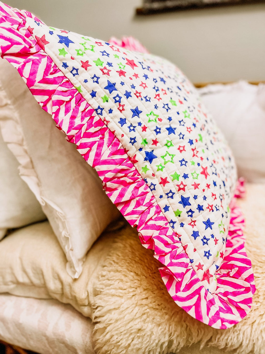 Handmade Quilted Ruffle Cushion | Neon Stars - Bombaby