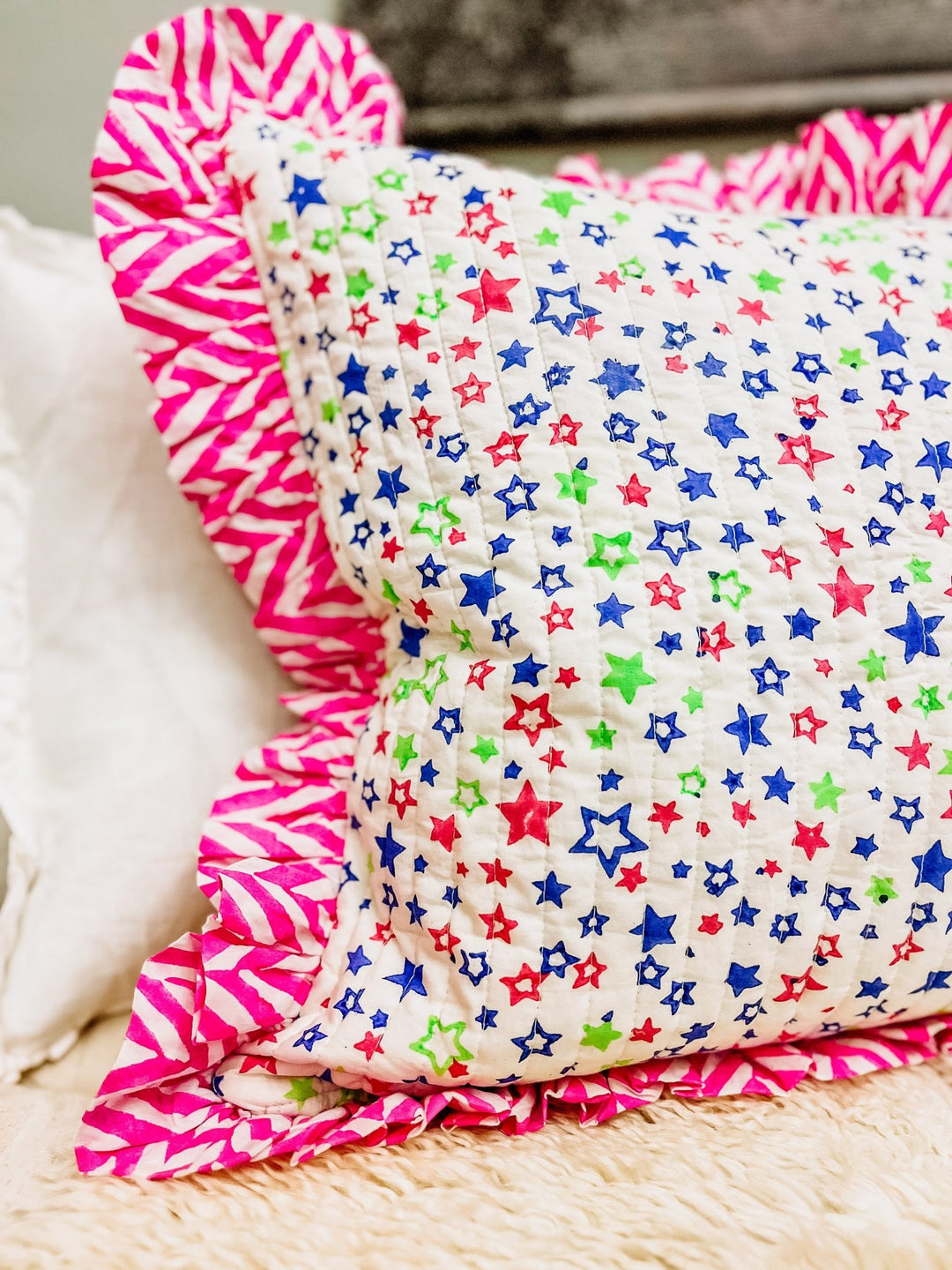 Handmade Quilted Ruffle Cushion | Neon Stars - Bombaby