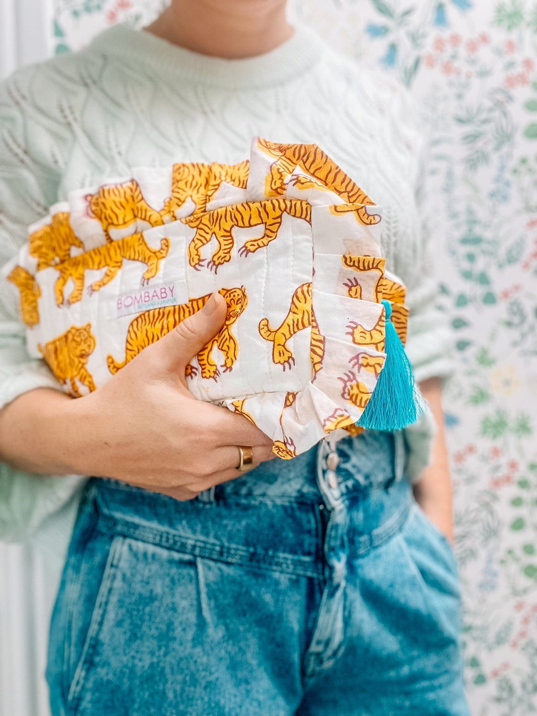 Handmade Quilted Ruffle Pouch - Indian Tiger - Bombaby