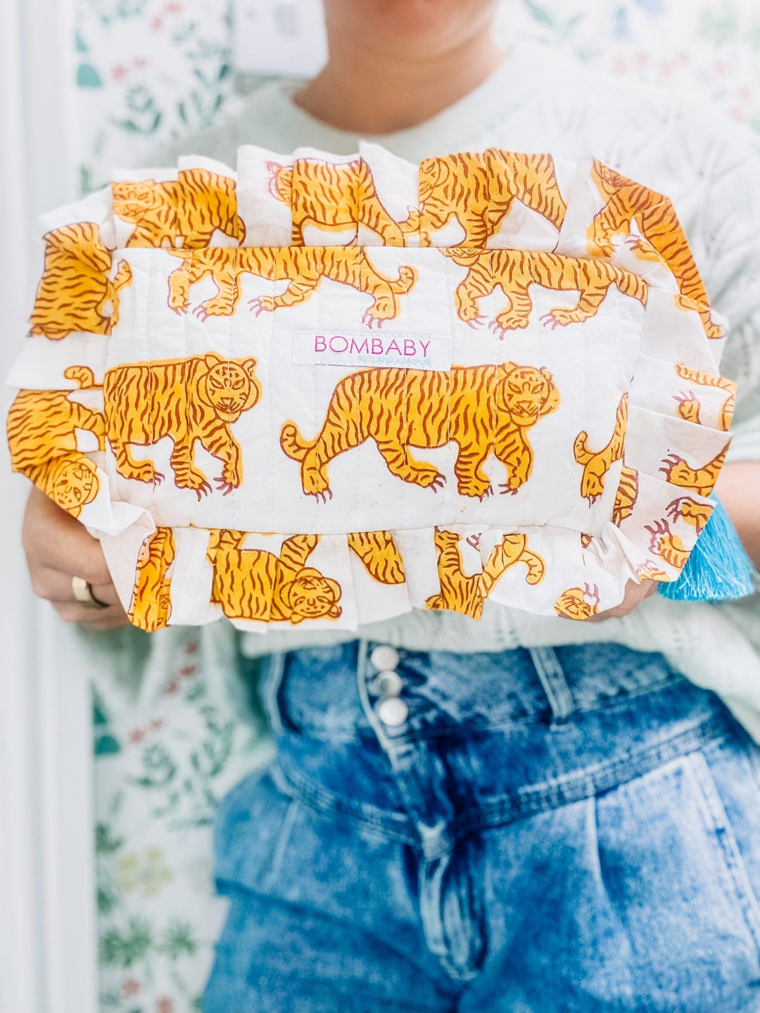 Handmade Quilted Ruffle Pouch - Indian Tiger - Bombaby