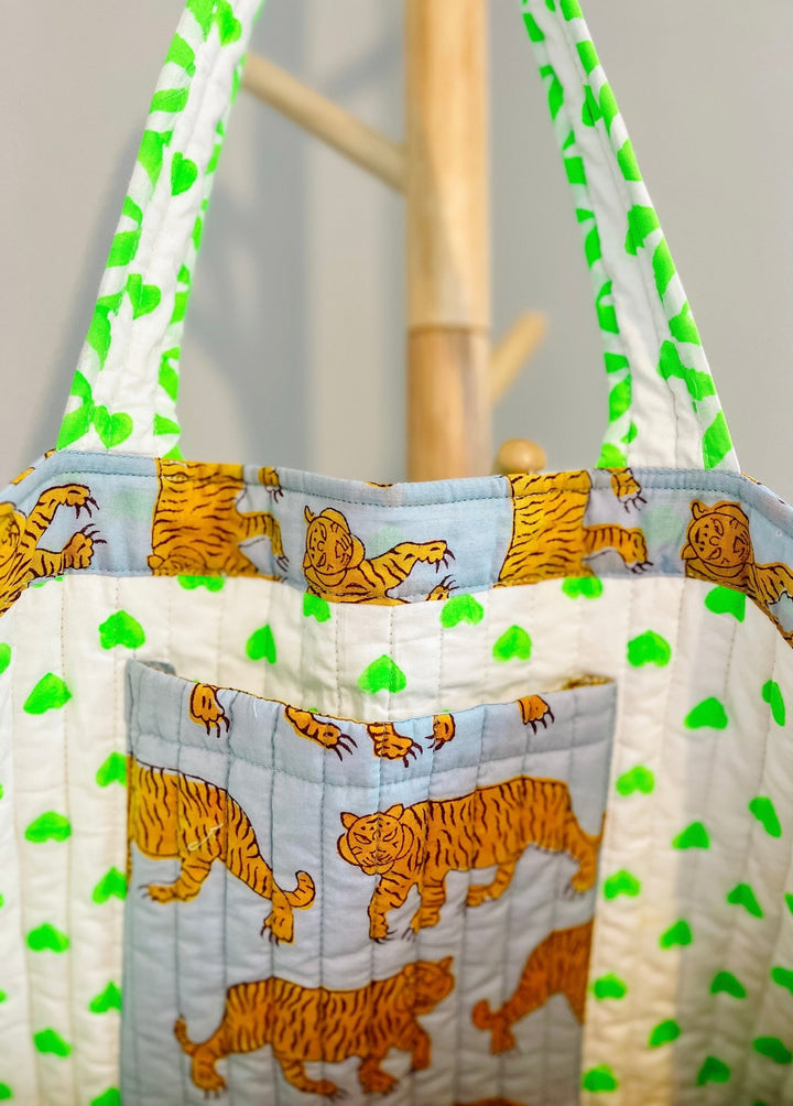 Handmade Quilted Tote Bag | Blue Tiger - Bombaby
