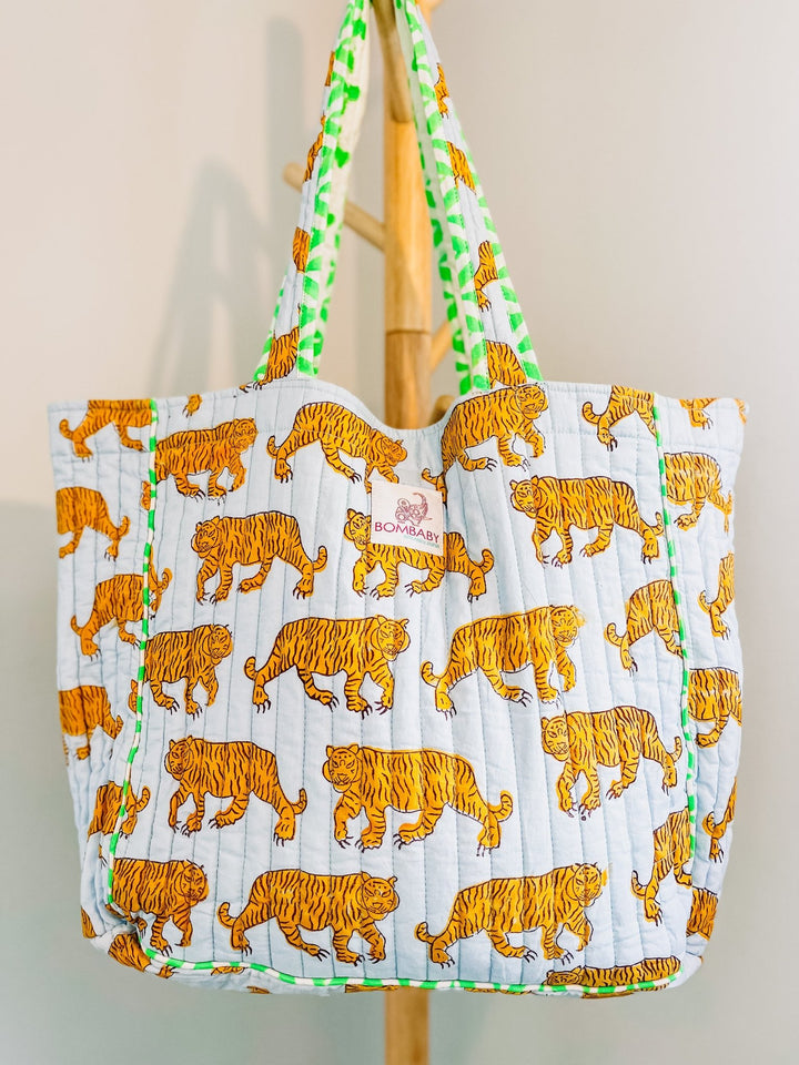 Handmade Quilted Tote Bag | Blue Tiger - Bombaby