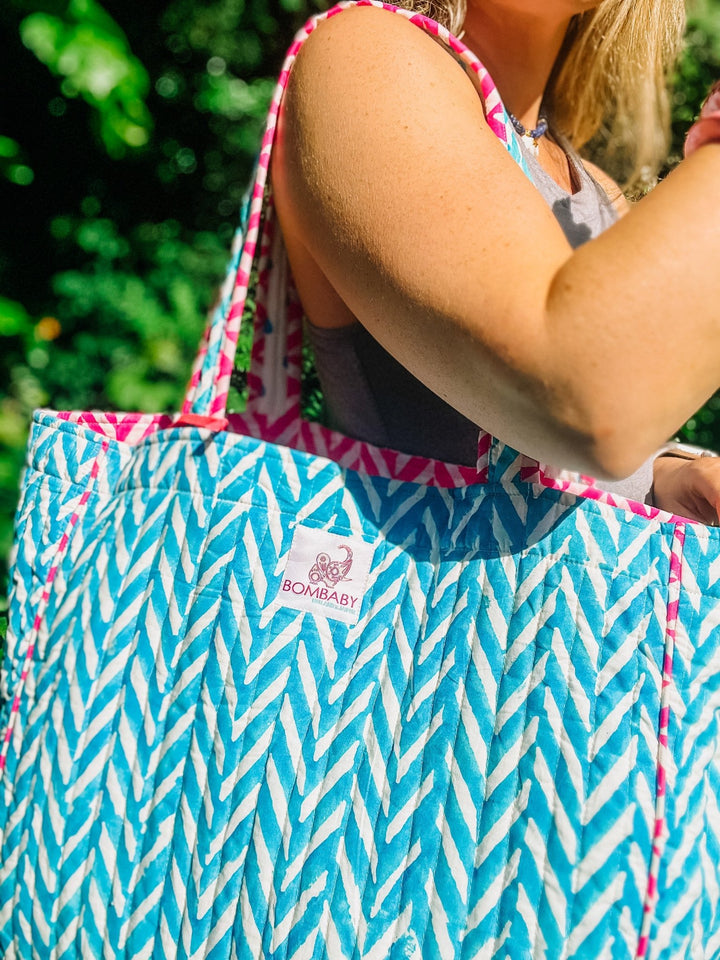 Handmade Quilted Tote Bag | Blue - Bombaby