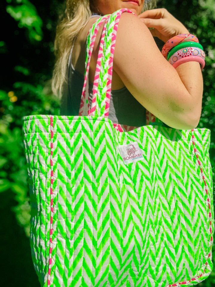 Handmade Quilted Tote Bag | Neon Green - Bombaby