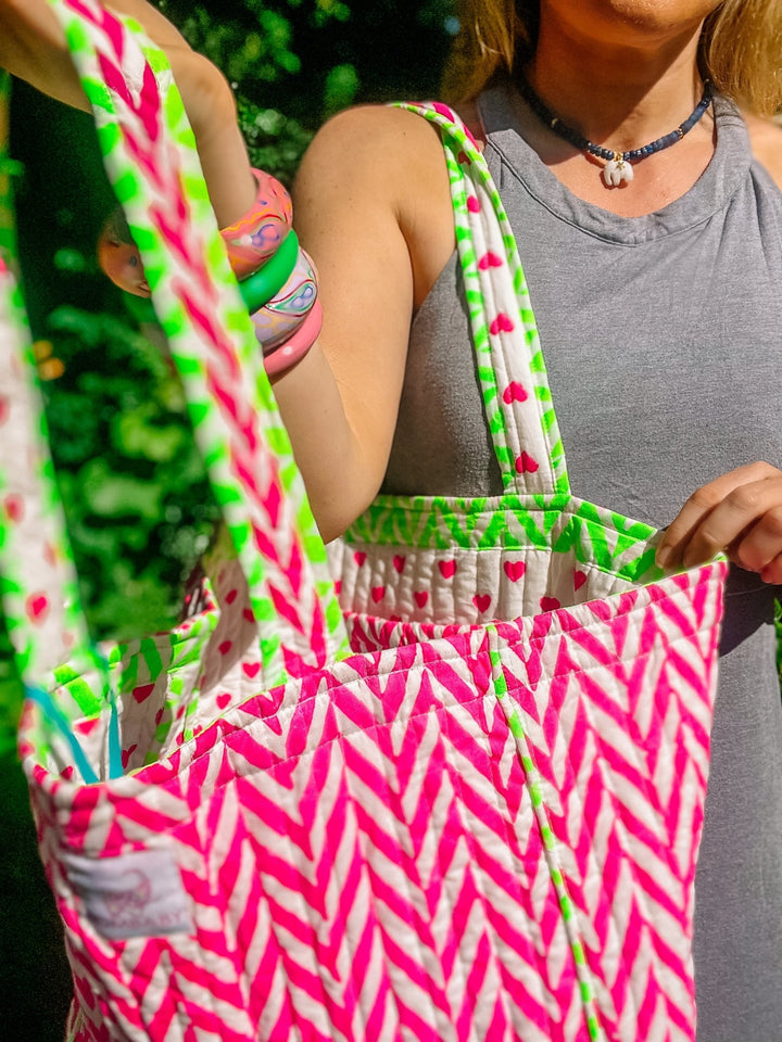 Handmade Quilted Tote Bag | Neon Pink - Bombaby